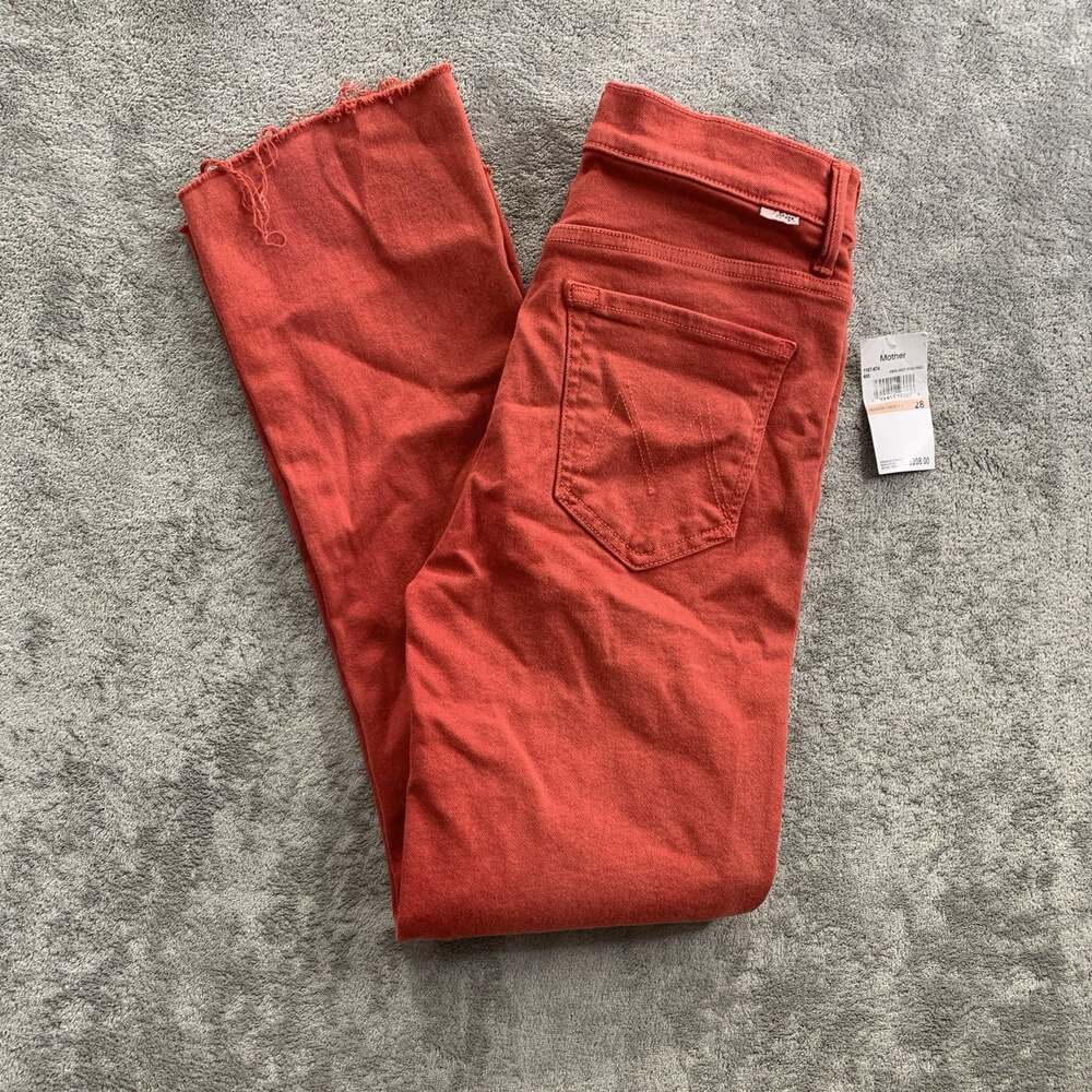 MOTHER Insider Crop Step Fray Jeans Womens 28 Second Chance Hot Rod Red Raw Hem